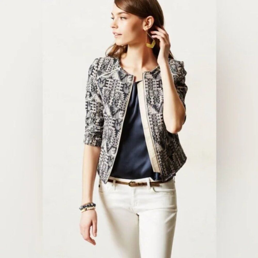 Anthropologie Hei Hei Faifo Textured Jacquard Zip Up Jacket Black Motif Size 8